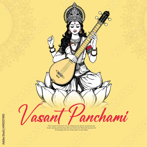 Happy vasant panchami with goddess saraswati social media post banner template