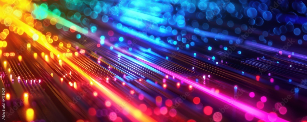 Fototapeta premium Optic cables in vibrant rainbow colors, glowing bokeh lights. Free copy space for text.