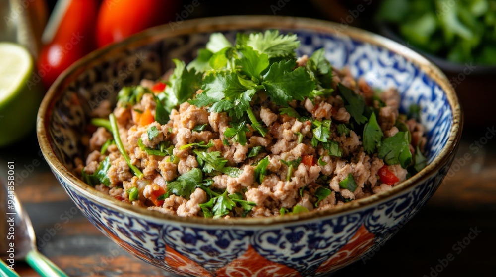 A detailed view of Thai Larb (minced meat salad) with ground chicken, fresh herbs, and a tangy lime dressing, presented in a colorful bowl. A detailed view of Thai Larb (minced meat salad) with ground chicken, fresh herbs, and a tangy lime dressing, presented in a colorful bowl.