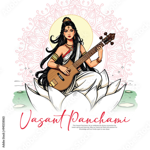 Happy vasant panchami with goddess saraswati social media post banner template