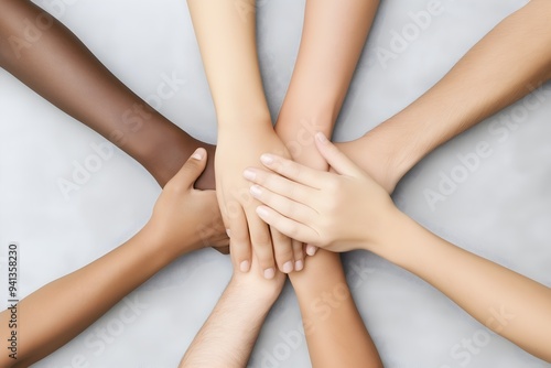 Diverse hands with different skin tones stacked together in a circle, symbolizing unity, teamwork, and inclusivity against a neutral background.