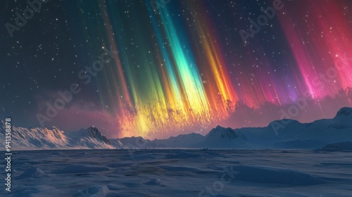Wallpaper Mural A detailed view of the Southern Lights with colorful bands of light stretching across the Antarctic night sky, viewed from a snowy terrain. Torontodigital.ca