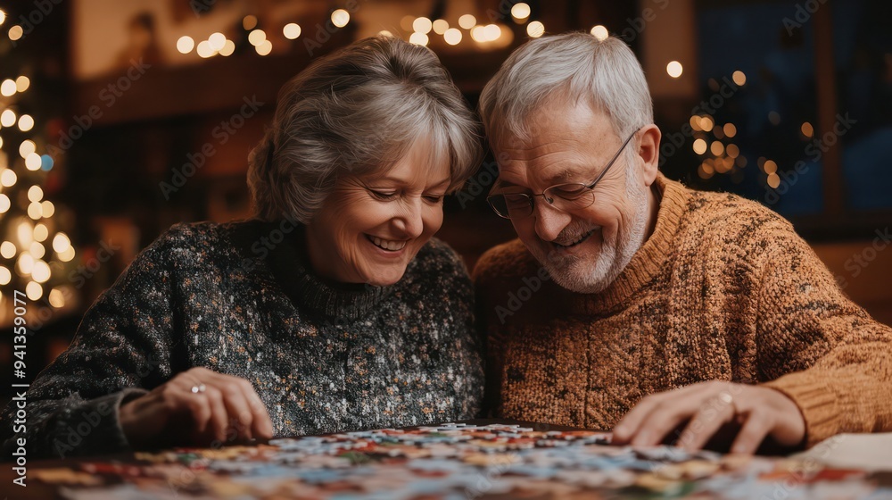 Older couple enjoying a quiet evening playing a puzzle game, sharing laughs and solving challenges together.