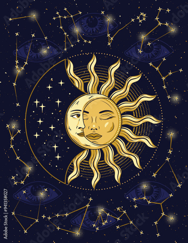 Poster with zodiacal constellations, sun eclipse with crescent moon. Eye of providence behind on background. Mystical astrological illustration in vintage style.