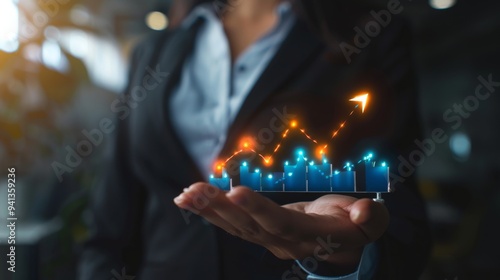 A businesswoman shows a financial graph with a rising arrow, symbolizing business, financial, and market growth. The holographic chart represents economic growth and investment strategies