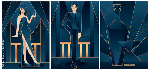 cartoon illustrations in art deco style