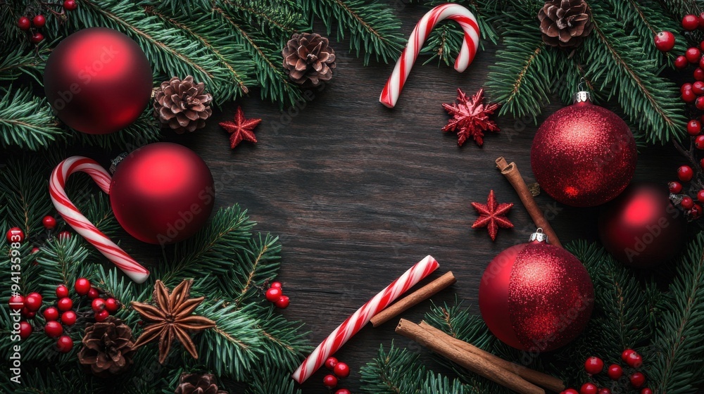 Festive Christmas Decorations on Dark Wooden Background Festive Christmas Decorations on Dark Wooden Background