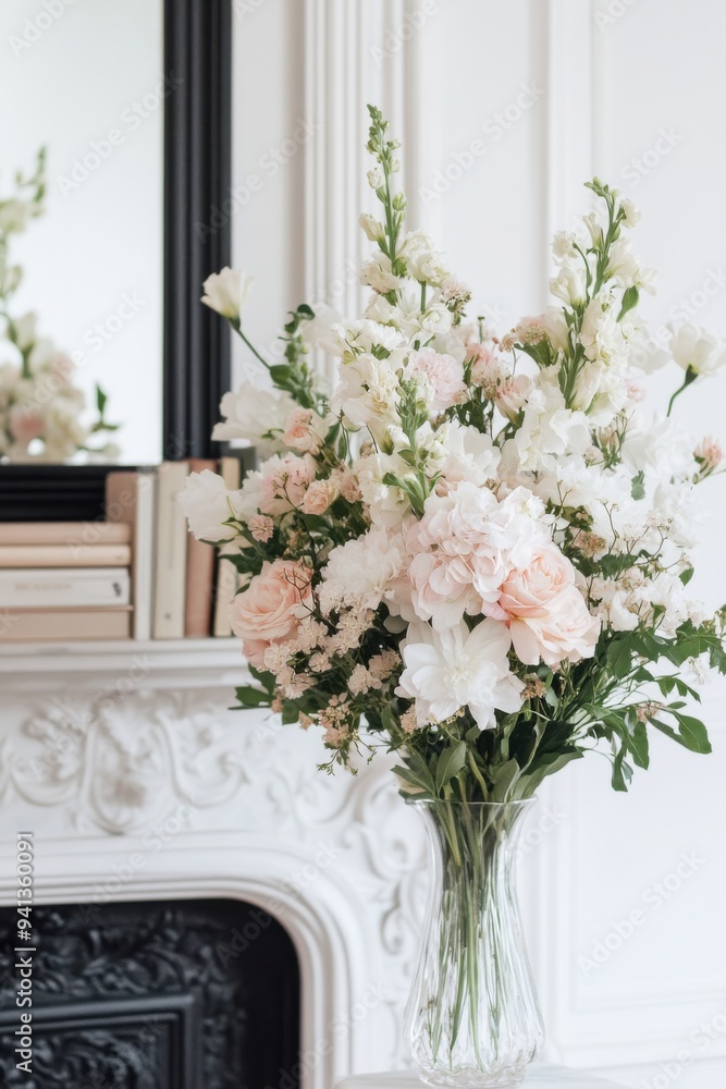 Elegant Flower Arrangement on Marble Fireplace Mantel Elegant Flower Arrangement on Marble Fireplace Mantel