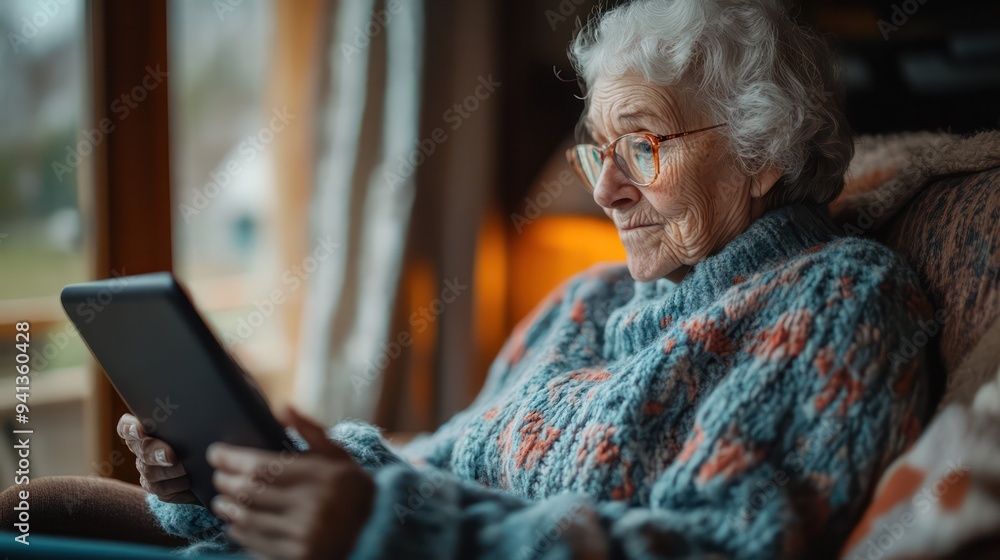 Elderly woman looks at social media on a tablet It shows how digital platforms can improve social connectivity across generations. Elderly woman looks at social media on a tablet It shows how digital platforms can improve social connectivity across generations.