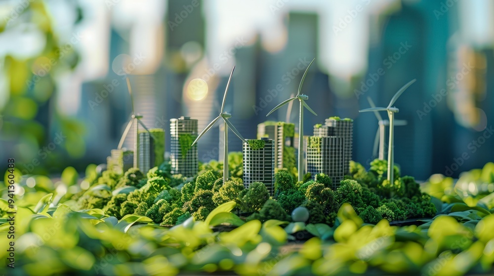 A miniature eco-city with wind turbines and greenery, symbolizing sustainable urban development. A miniature eco-city with wind turbines and greenery, symbolizing sustainable urban development.