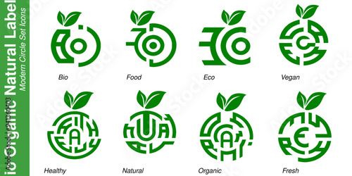 Modern Circle Logo Bio Natural Organic Labels icons Set. Bio Healthy foods illustration background.