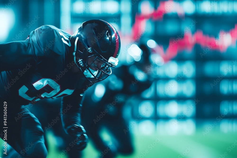 Dynamic illustration of an American football player in motion with abstract digital elements, symbolizing the fusion of sports and technology. Dynamic illustration of an American football player in motion with abstract digital elements, symbolizing the fusion of sports and technology.