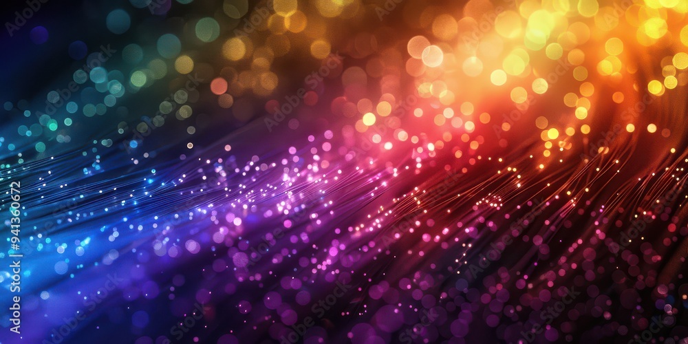 Naklejka premium Optic cables in vibrant rainbow colors, glowing bokeh lights. Free copy space for text.