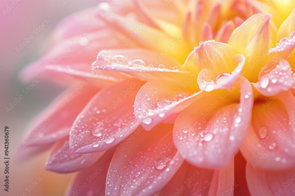 Close-Up of Delicate Pink and Yellow Flower with Dew Drops Close-Up of Delicate Pink and Yellow Flower with Dew Drops