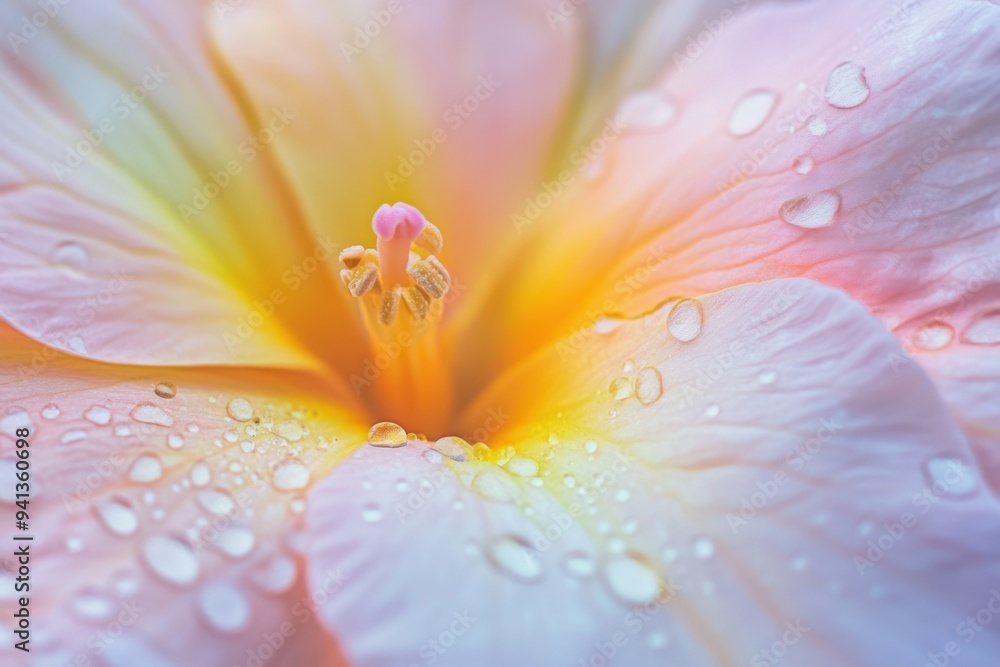 Close-Up of Delicate Pink and Yellow Flower with Dew Drops Close-Up of Delicate Pink and Yellow Flower with Dew Drops