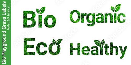 Modern Bio Natural Organic Playground grass design Labels icons Set. Bio Healthy foods illustration background.
