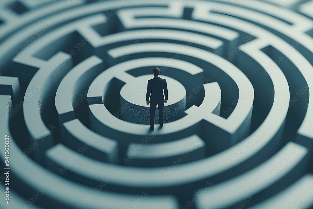 Solitary man in a suit standing at the center of a circular maze, symbolizing life's challenges and the pursuit of solutions. Solitary man in a suit standing at the center of a circular maze, symbolizing life's challenges and the pursuit of solutions.