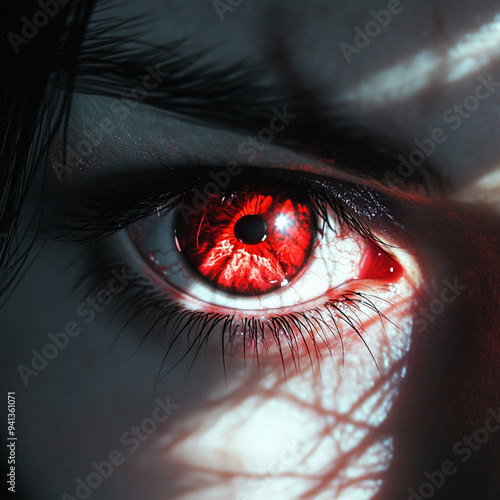 red eye girl, like pupil shots inside Lots of tensegrity red pupils, whites in the eyes