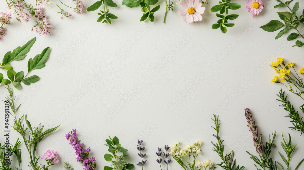 Fresh flowers and herbs arranged beautifully on light background evoke sense of tranquility and natural beauty. Fresh flowers and herbs arranged beautifully on light background evoke sense of tranquility and natural beauty.