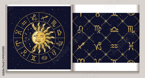 Horoscope wheel with sun eclipse, seamless geometric pattern with golden icons of all zodiac signs, stars. Classic square geometric diagonal net grid background. Esoteric mystic concept.