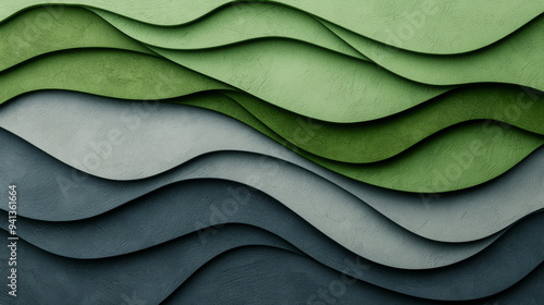 Textured waves in shades of green and gray create calming visual effect. layered design evokes sense of tranquility and harmony.