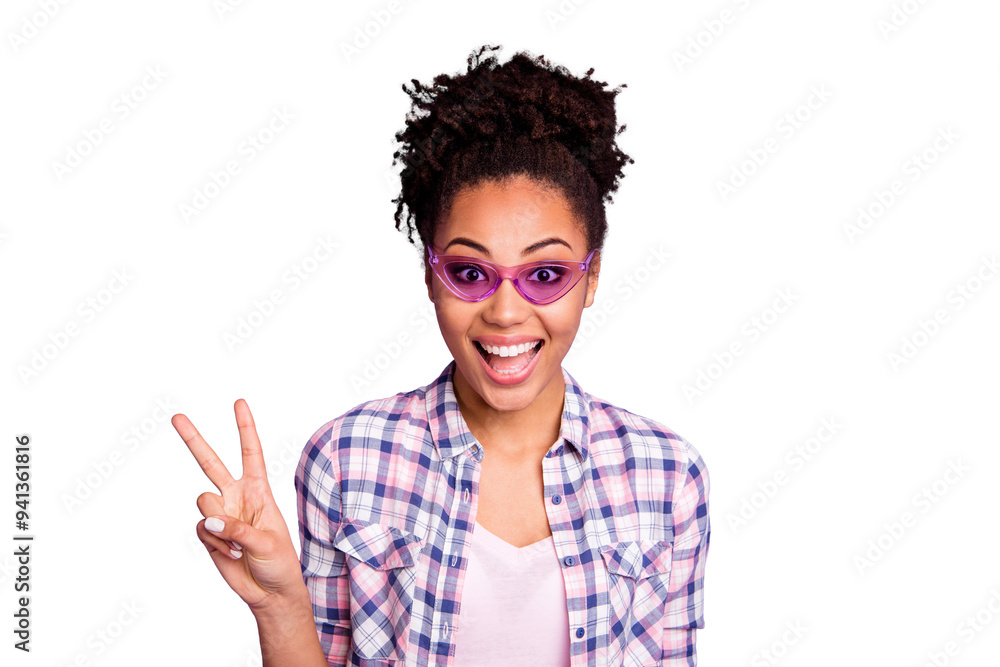 Portrait of funny funky lovely teen teenager summer holiday weekend travel beautiful enjoy rejoice satisfied content make v-sign dressed checked shirt isolated on purple background Portrait of funny funky lovely teen teenager summer holiday weekend travel beautiful enjoy rejoice satisfied content make v-sign dressed checked shirt isolated on purple background