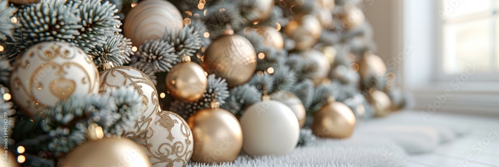 Elegant decorations adorning a beautifully crafted Christmas tree with gold and white ornaments in a cozy living room. Generative AI Elegant decorations adorning a beautifully crafted Christmas tree with gold and white ornaments in a cozy living room. Generative AI