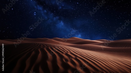 A serene desert landscape under a starry night sky, showcasing the beauty of undulating sand dunes and the Milky Way.