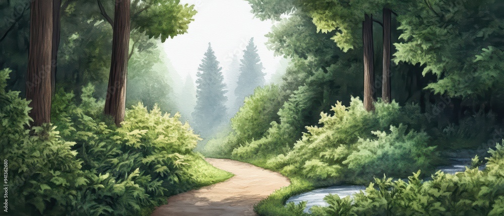 Fototapeta premium A serene forest pathway leading through lush greenery, with tall trees and soft sunlight creating a peaceful atmosphere.