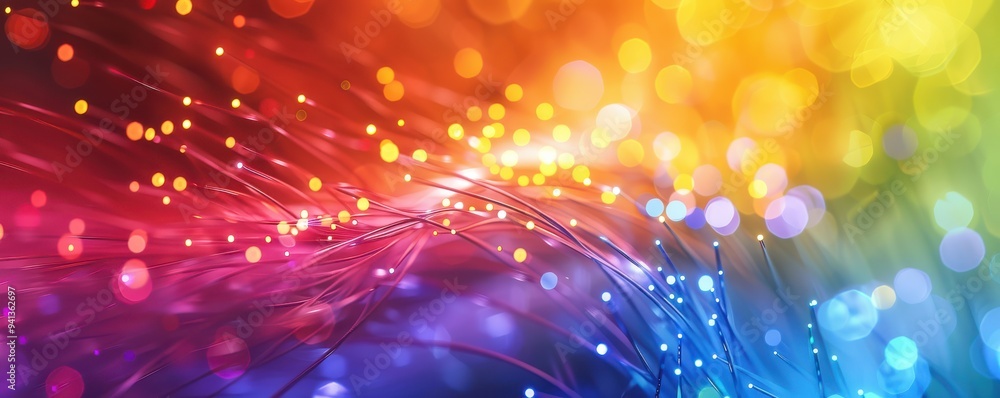 Optic cables in vibrant rainbow colors, glowing bokeh lights. Free copy space for text. Optic cables in vibrant rainbow colors, glowing bokeh lights. Free copy space for text.