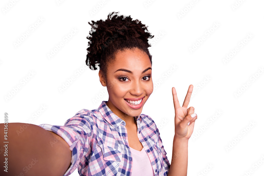 Close up photo of attractive sweet charming hipster youth summer travel make v-sign photo have weekends holidays top-knot wear stylish trendy plaid shirts isolated on purple background Close up photo of attractive sweet charming hipster youth summer travel make v-sign photo have weekends holidays top-knot wear stylish trendy plaid shirts isolated on purple background