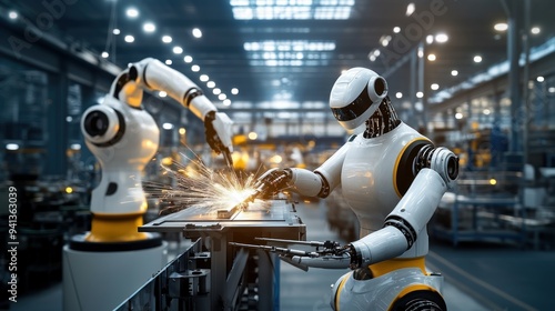 Robots working in an industrial factory represent future advancements technology, showcasing robotics in manufacturing