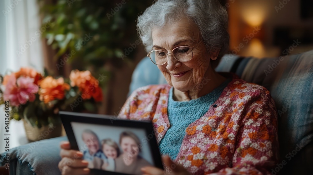An elderly woman scrolls through family photos in a digital frame. Appreciate the ease of sharing memories through technology. An elderly woman scrolls through family photos in a digital frame. Appreciate the ease of sharing memories through technology.