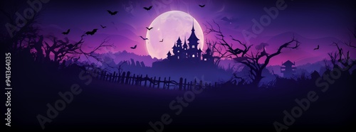 Dark Halloween landscape with a haunted castle and bats in the sky at full moon at night. Halloween wallpaper background illustration in purple and black. 