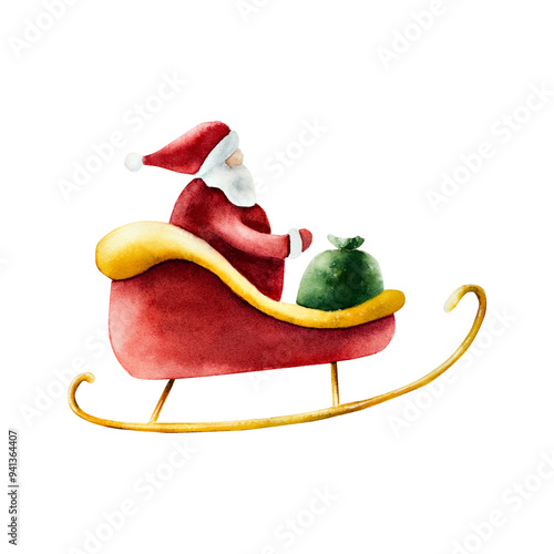 Santa Claus riding in red sleigh with bag of gifts. Christmas watercolor hand painted illustration isolated on background. For designers, decoration, shop, for postcards, wrapping paper, covers. For p photo