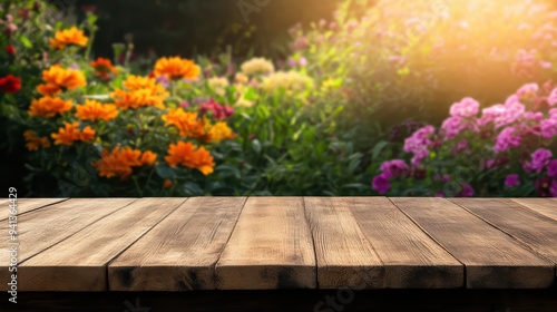 A serene view of a wooden table overlooking a vibrant garden filled with colorful flowers and gentle sunlight.