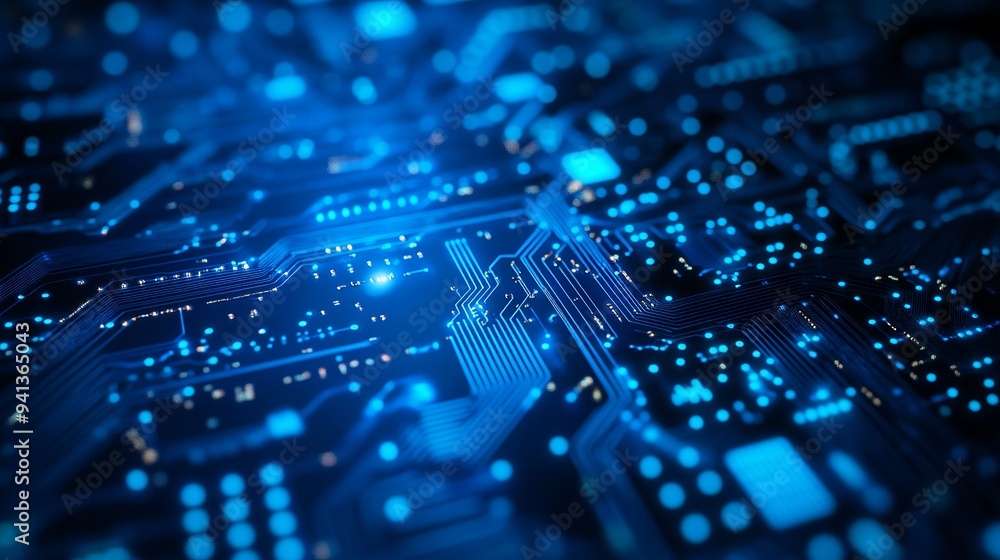 Blue circuit patterns form an abstract design on a high-tech circuit board. The blurry background evokes a sense of innovation and technological advancement in the fields of networking and computing. Blue circuit patterns form an abstract design on a high-tech circuit board. The blurry background evokes a sense of innovation and technological advancement in the fields of networking and computing.