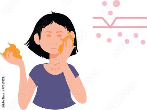 The girl is applying cream on her face.