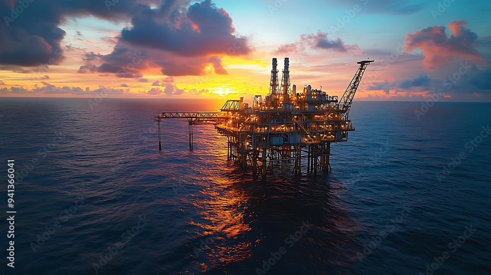 An offshore oil rig outlined against dramatic clouds as the sun sets. An offshore oil rig outlined against dramatic clouds as the sun sets.