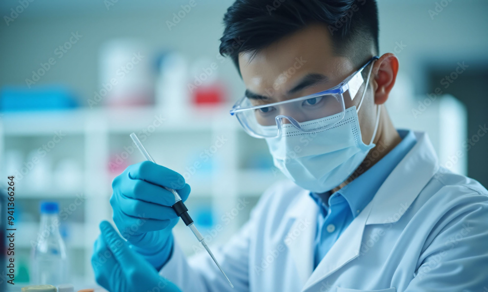 a scientist in a lab coat is holding a syringe in his hand a scientist in a lab coat is holding a syringe in his hand