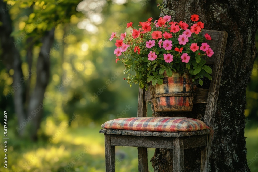 Rustic Chair with Vibrant Flowers Attached to a Tree Rustic Chair with Vibrant Flowers Attached to a Tree