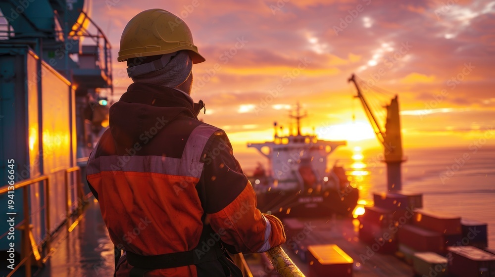 A person in a hard hat stands on the deck of a ship, working or overseeing the vessel A person in a hard hat stands on the deck of a ship, working or overseeing the vessel