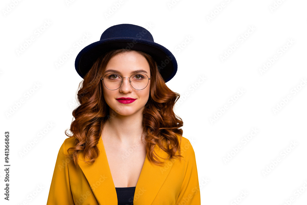 Close-up portrait of her she nice-looking charming cute attractive lovely gorgeous chic wavy-haired lady wearing yellow jacket isolated on bright vivid shine orange background