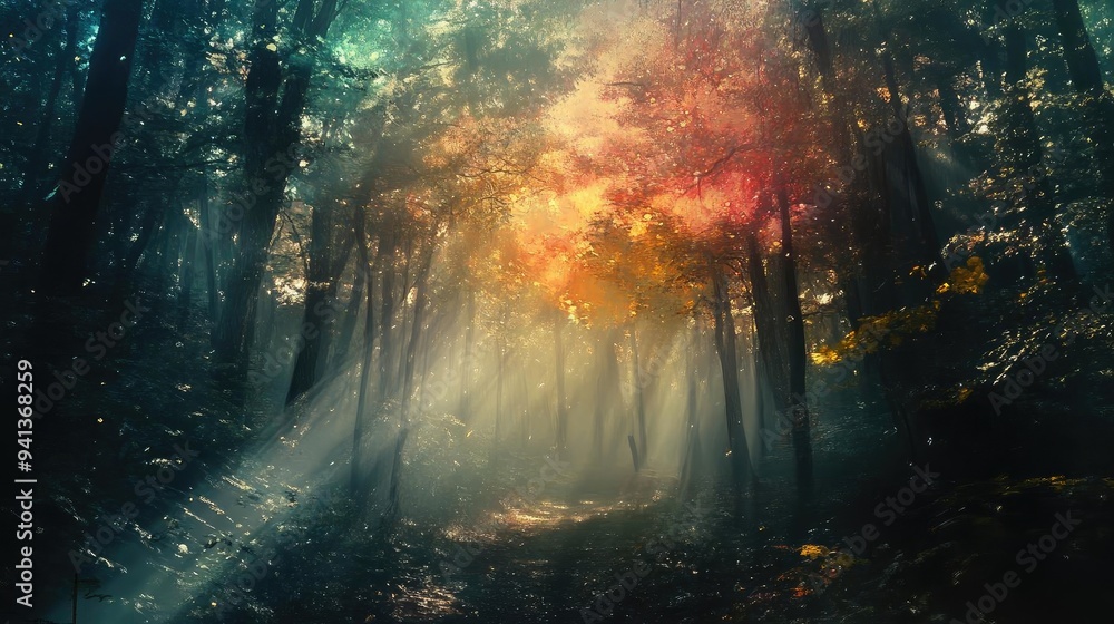 A magical forest scene with vibrant trees and sunlight streaming through, creating a serene atmosphere of tranquility and beauty. A magical forest scene with vibrant trees and sunlight streaming through, creating a serene atmosphere of tranquility and beauty.