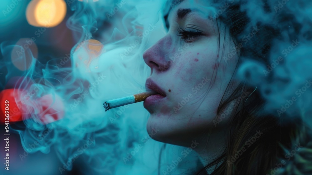 Fototapeta premium A person vaping on a urban sidewalk