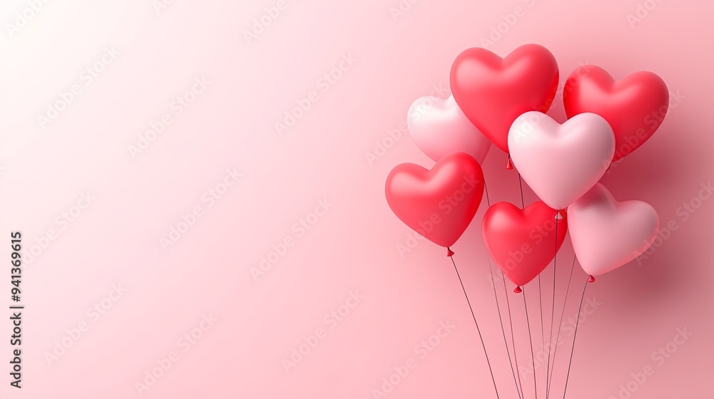 A cluster of pink and red heart-shaped balloons against a pale pink background. A cluster of pink and red heart-shaped balloons against a pale pink background.