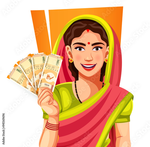 Happy Indian traditional woman in saree holding 200 Indian currency rupee note, isolated on a white background- concept of empowerment, earnings, bank loan, and business