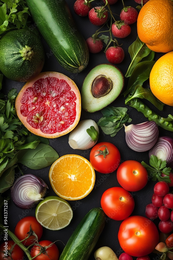 A variety of fresh vegetables and fruits including avocado, citrus, and tomatoes placed artistically on a dark table. A variety of fresh vegetables and fruits including avocado, citrus, and tomatoes placed artistically on a dark table.