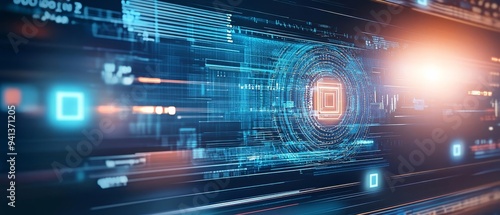 An abstract image of a defense code being authenticated within a secure app, with floating security patterns and digital symbols overlaying the scene