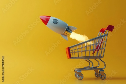 Rocket Launching from Shopping Cart on Yellow Background